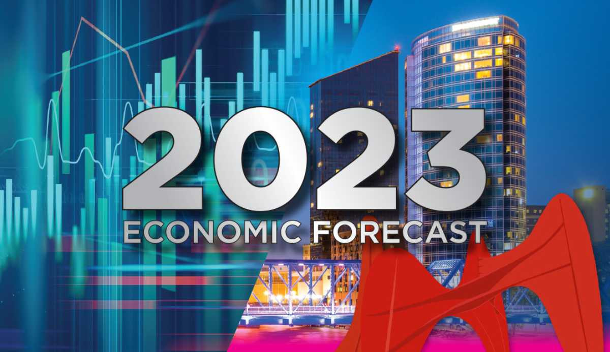 Colorful graphic with buildings in background and the words 2023 Economic Forecast in the front.