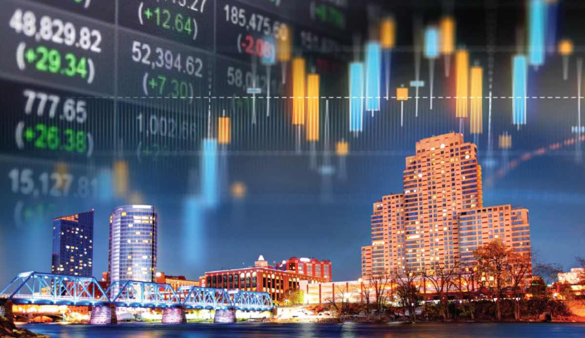 Colorful graphic with buildings and stock prices in the background.