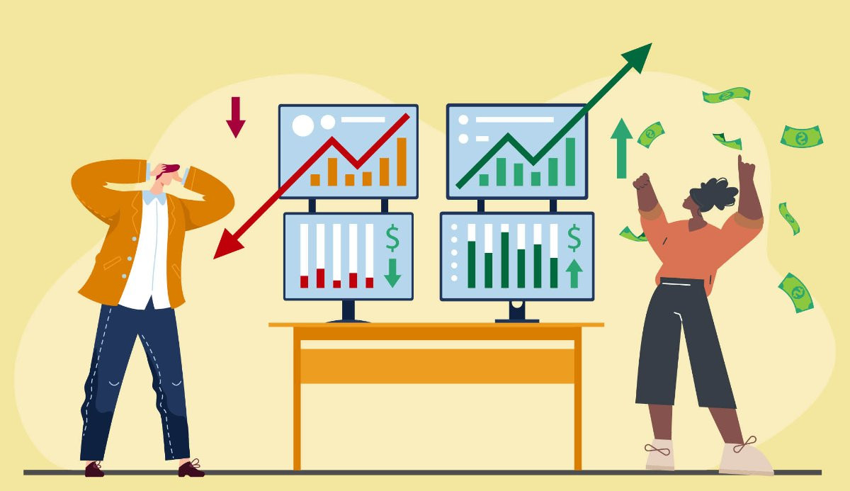 Illustration showing one person stressed by declining charts on computer screens while another celebrates rising charts and increasing money.