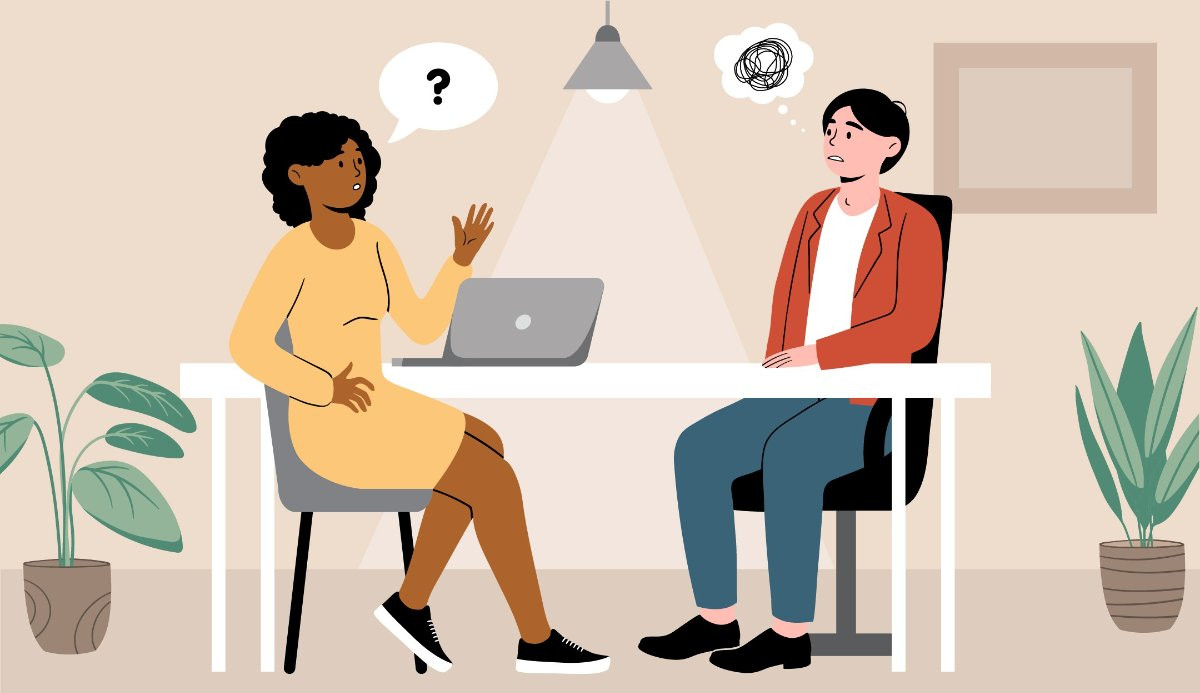 Illustration of two people seated across from each other at a table during a conversation.