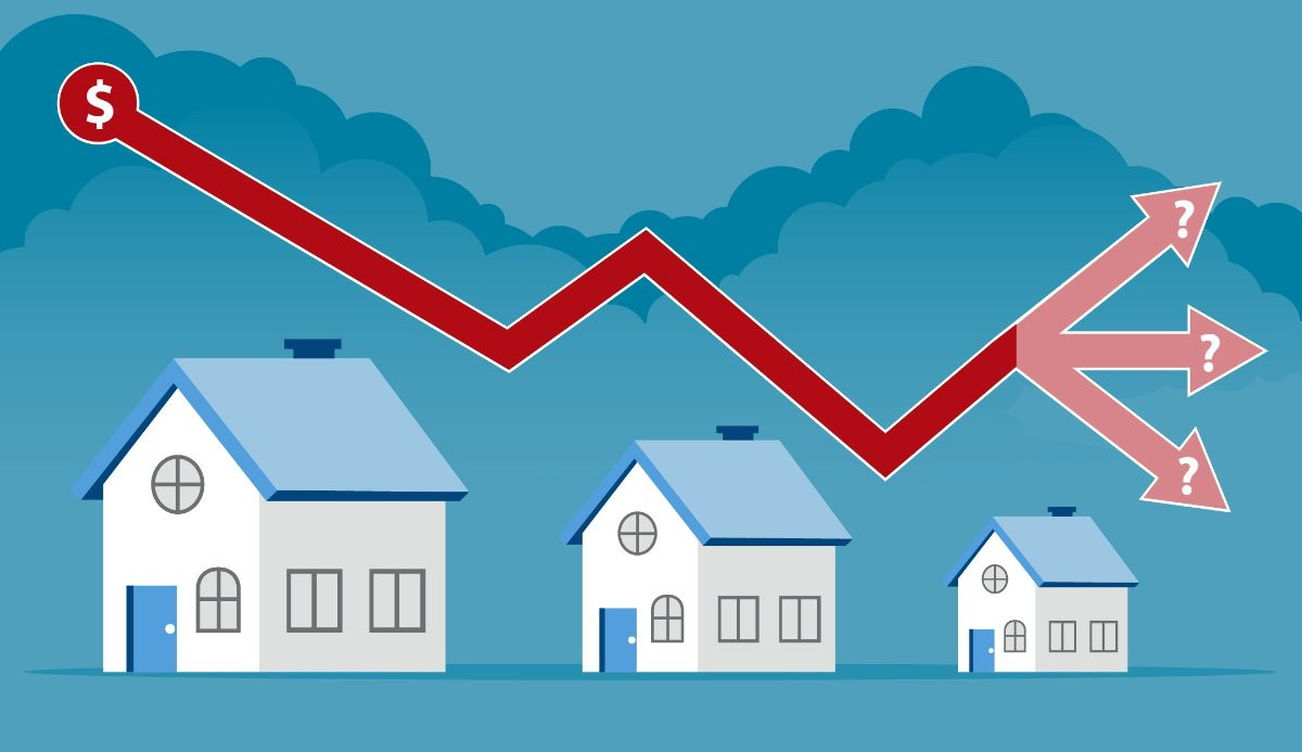 Illustration of three houses decreasing in size from left to right beneath a red zigzag line showing fluctuating home prices that end in branching arrows with question marks, symbolizing uncertainty in the housing market.