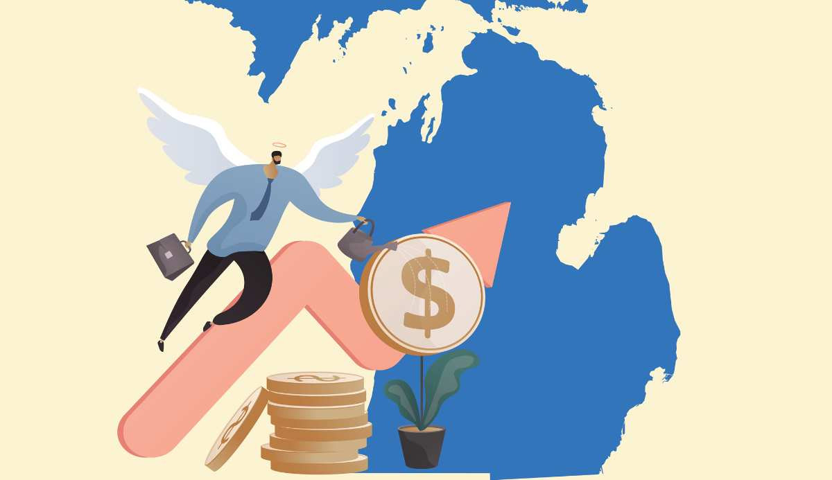 Illustration of a business angel hovering over the state of Michigan