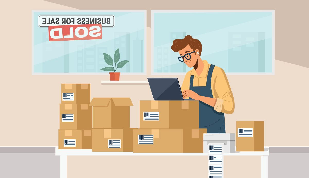 llustration of a business owner standing at a table, working on a laptop while surrounded by labeled shipping boxes. A “Business for Sale” sign is visible through a window behind them, suggesting an e-commerce or fulfillment workspace.
