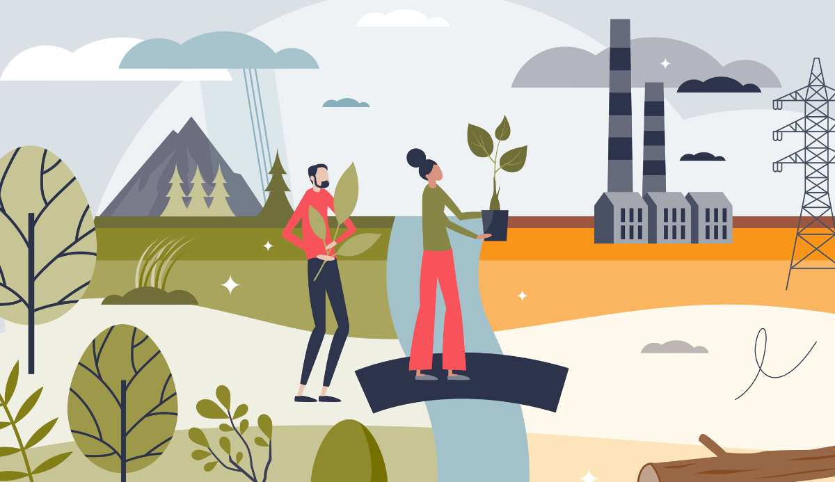 Illustration showing two people standing on a bridge between a natural landscape and an industrial area. One person holds plant leaves while the other holds a potted plant, symbolizing a transition from environmental conservation to industrial development