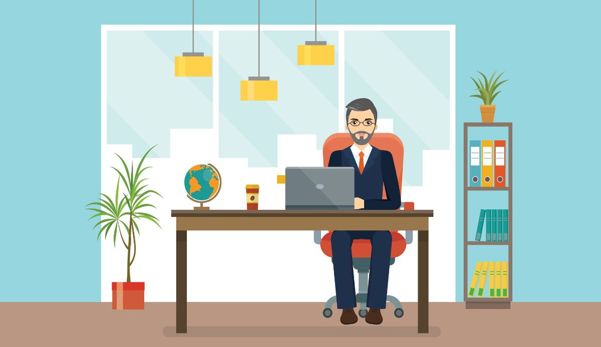 llustration of a professional man sitting at a desk in an office, working on a laptop.