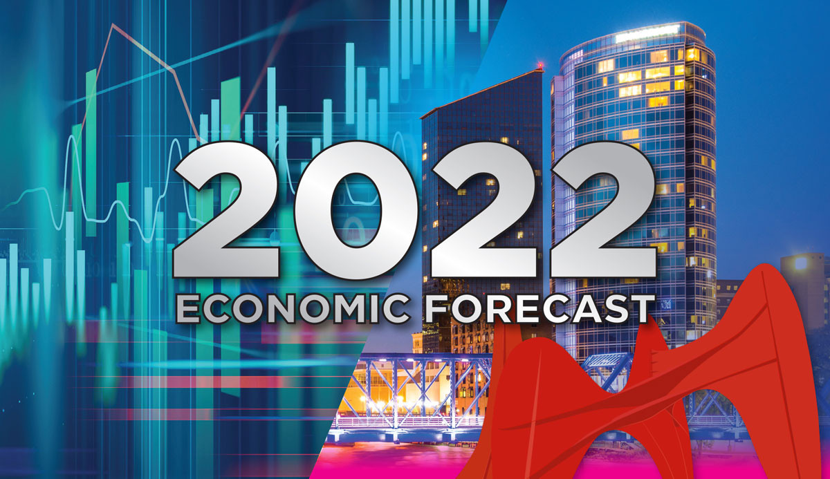 Colorful graphic with buildings in background and the words 2022 Economic Forecast in the front