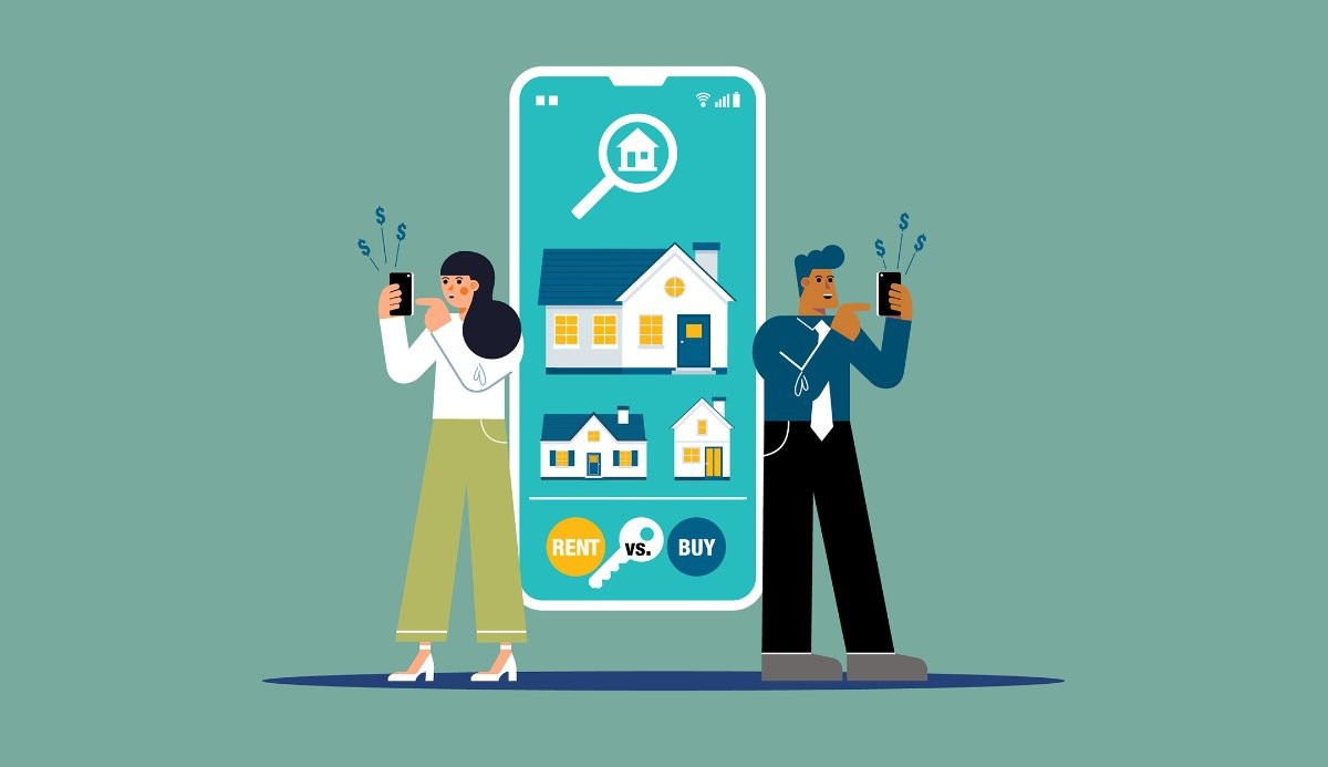 Illustration of man and woman searching for housing using their cell phones and considering the rent vs. buy choice.