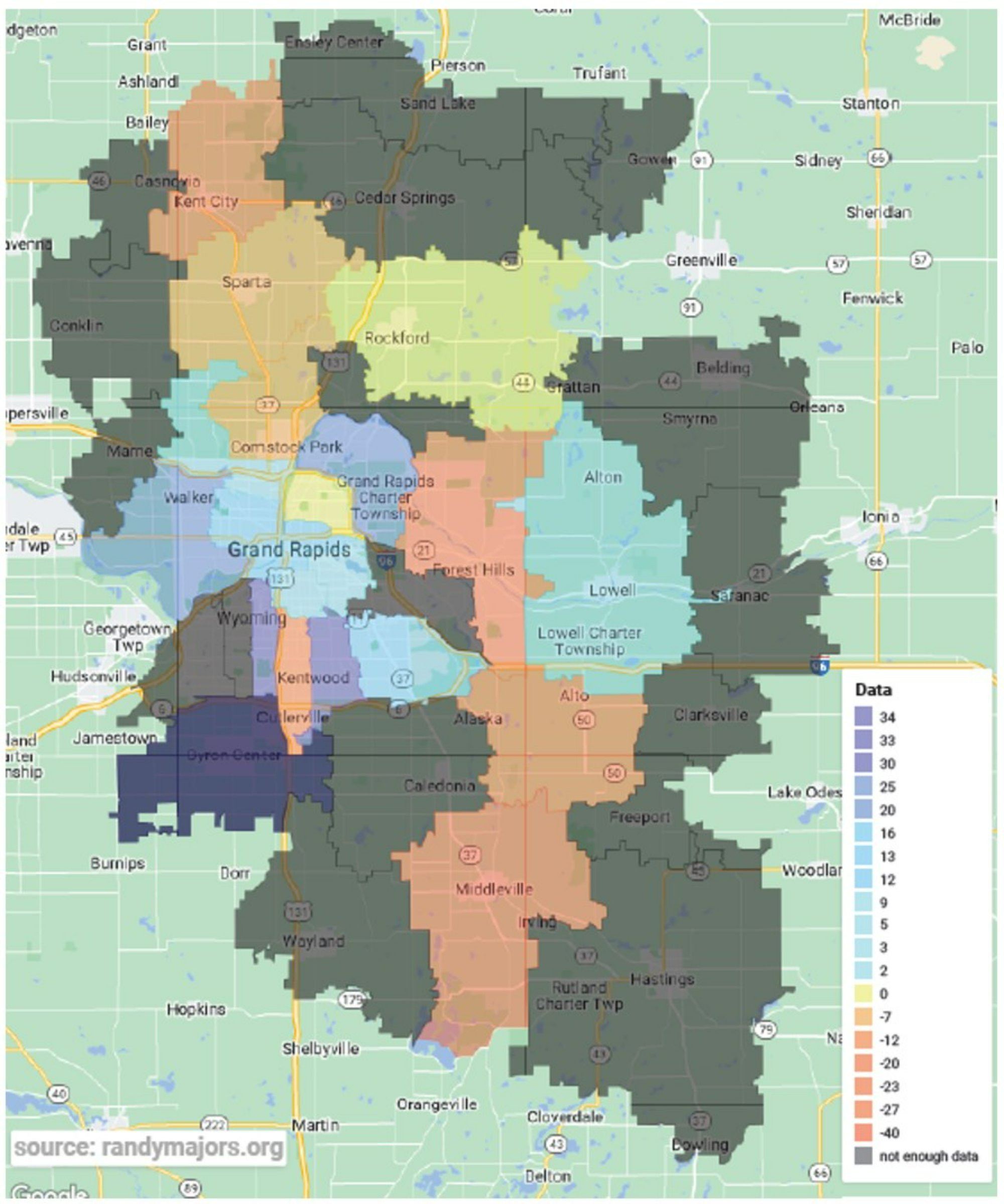 Map of the Grand Rapids area zip codes with color coding for internet satisfaction