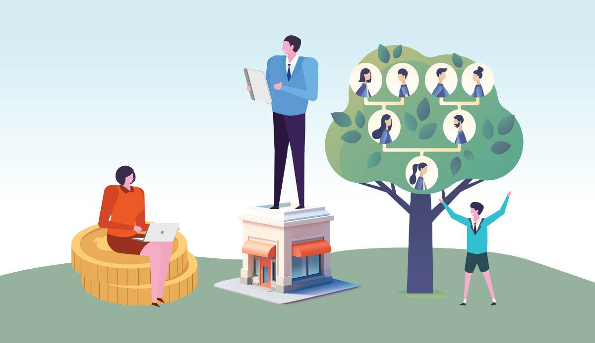 Illustration of business professionals representing different aspects of an organization: a woman working on a laptop while seated on stacked coins, a man standing on a building holding a tablet, and another person gesturing toward a tree-shaped organizat