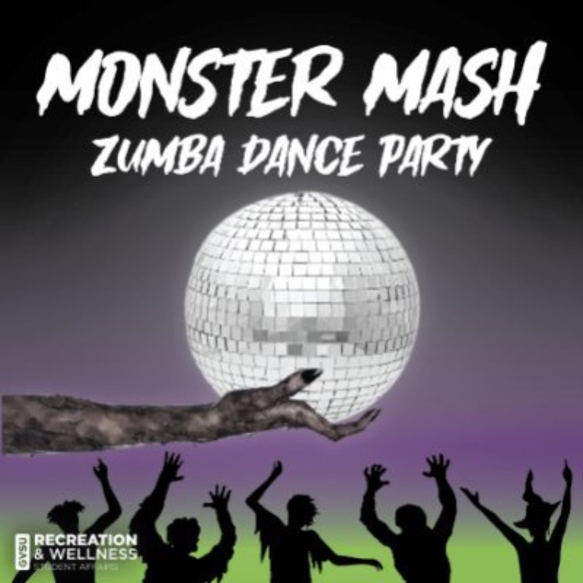 a graphic with a zombie holding a disco ball and text that reads Monster Mash Zumba Dance Party