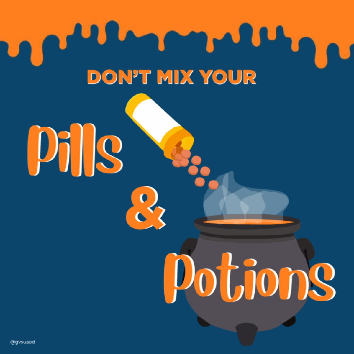 a graphic with a cauldron and text that says Dont miss your pills and potions with a botle of pills being dumped into the cauldron