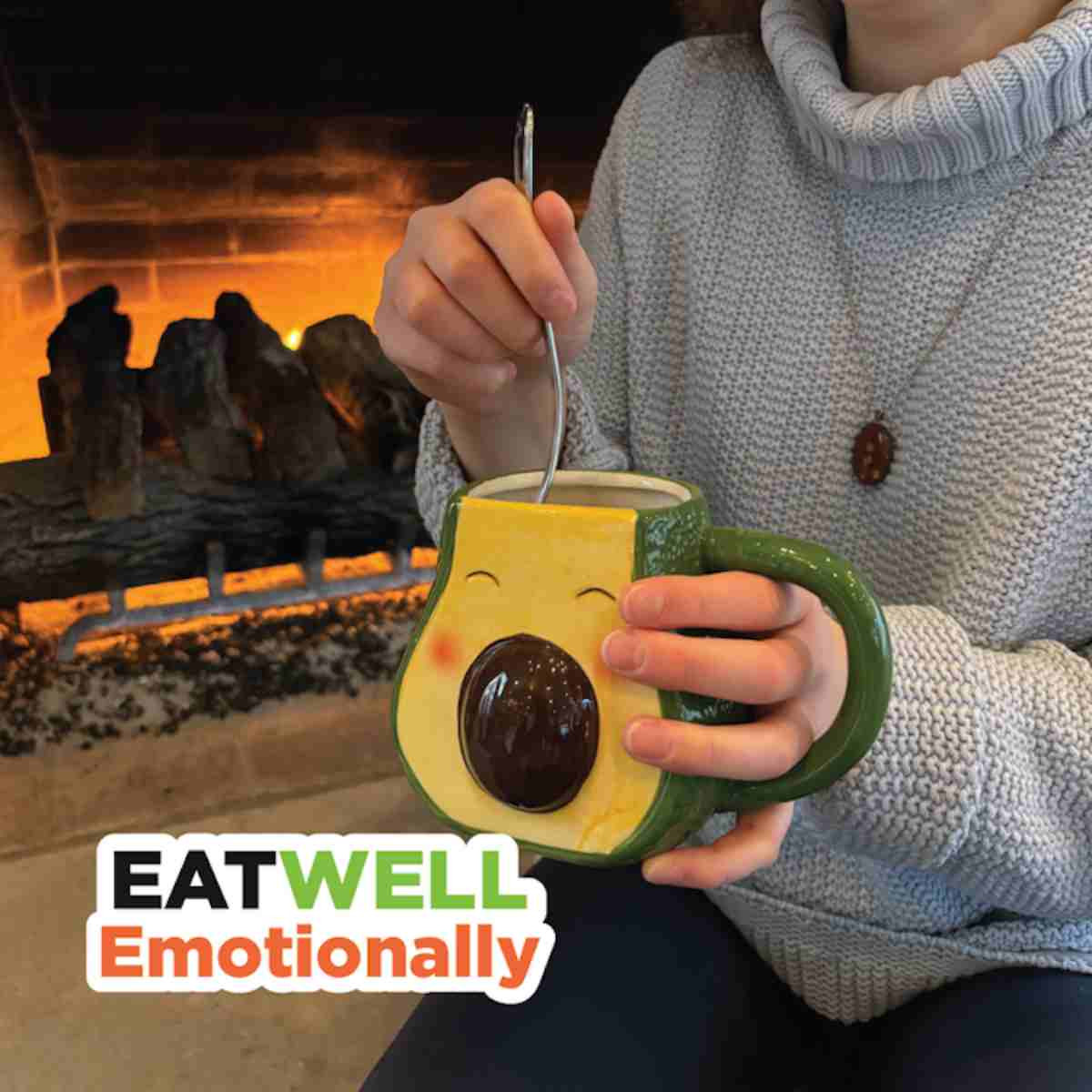 A student stirring a drink in a mug with text that says Eat Well Emotionaly