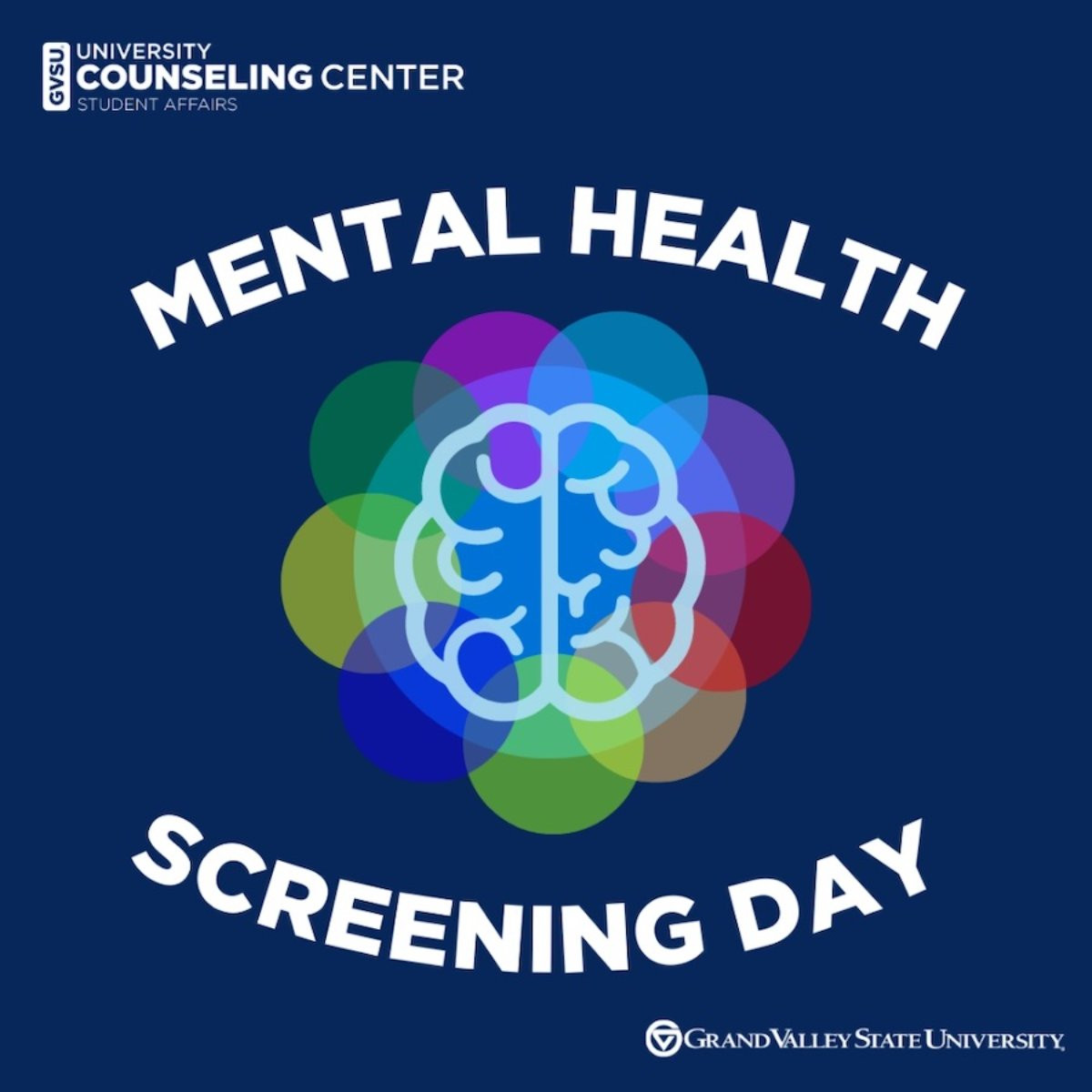 A colorful brain with the words Mental Health Screening Day and University Counseling Center in the corner