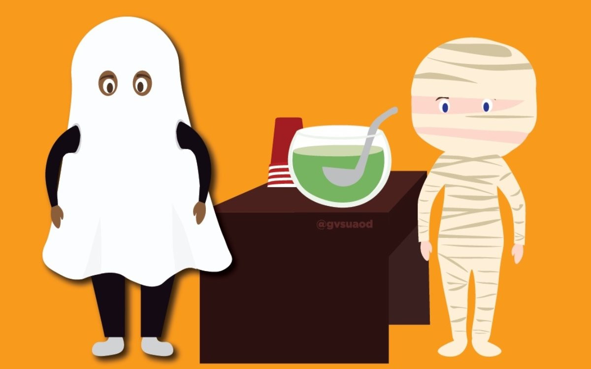 AOD Halloween logo with a ghost and a mummy standing by a punch bowl