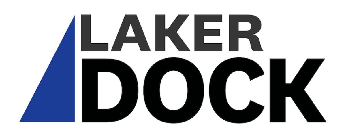 The text Laker Dock with a blue triangle on the left
