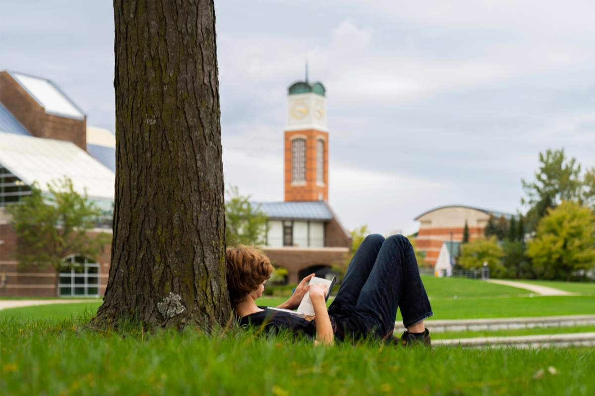 A student sitting underneath a tree with the clocktower in the background