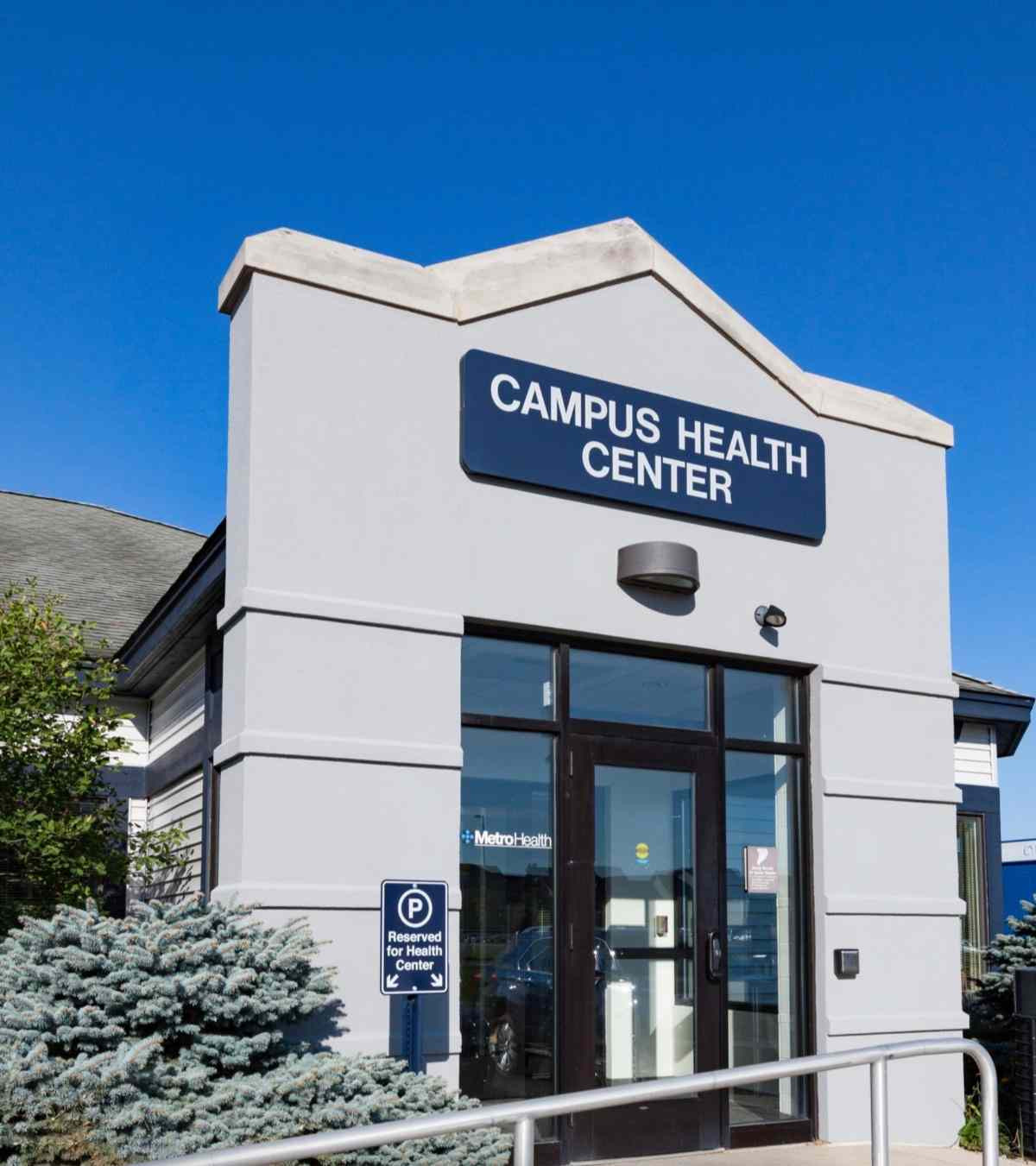 the outside front door of the campus health center