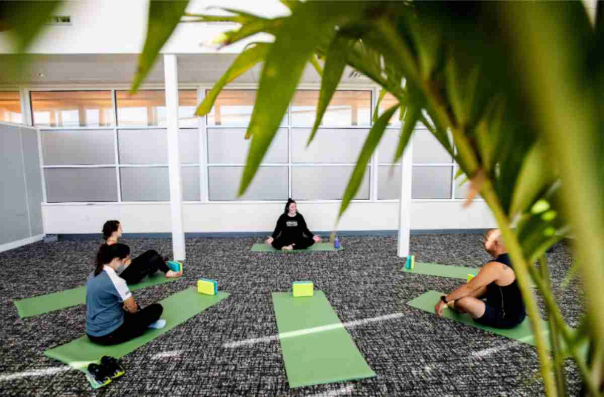 a yoga session in the reset room located on the downtown campus.