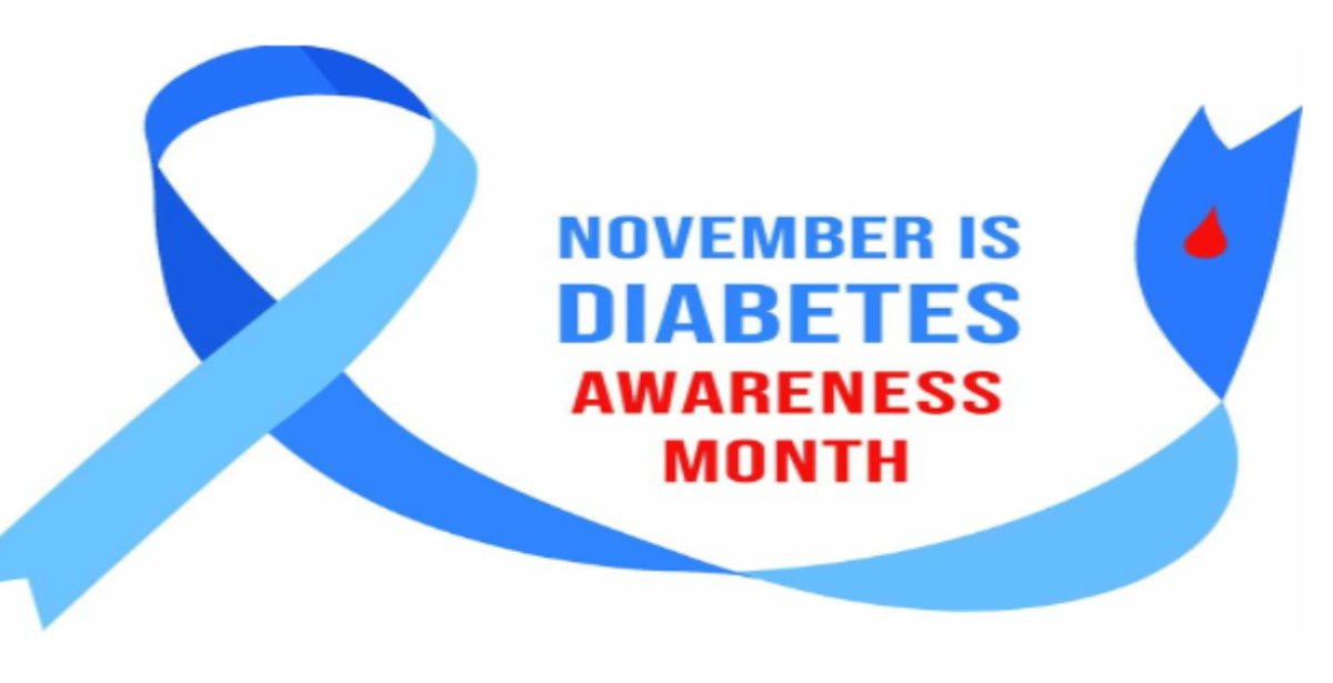 a graphic of a blue ribbon with text that reads November is Diabetes Awareness Month