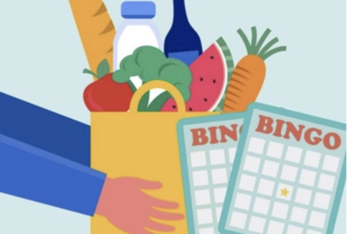 A graphic of someone holding a bag of groceries with bingo cards