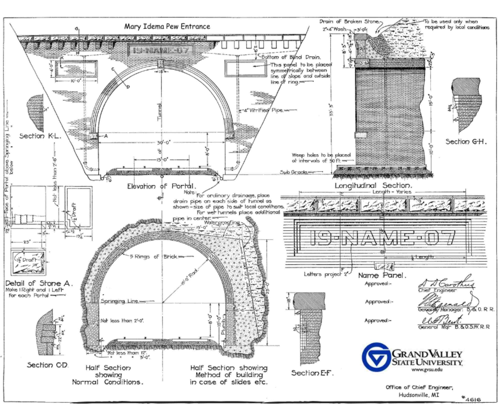 Construction plans for an underground tunnel with text that reads "Mary Idema Pew entrance" and "Grand Valley State University"