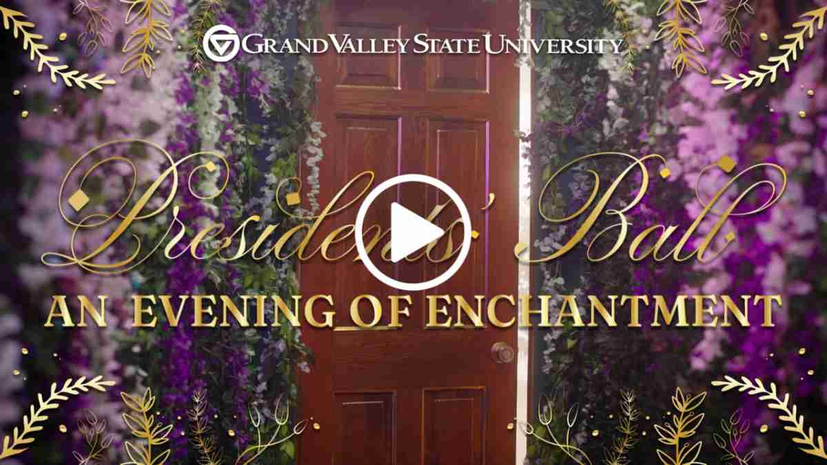 An image of a door surrounded by vines and flowers and a press play button indicating to click to watch a video - Presidents' Ball - an evening of enchantment