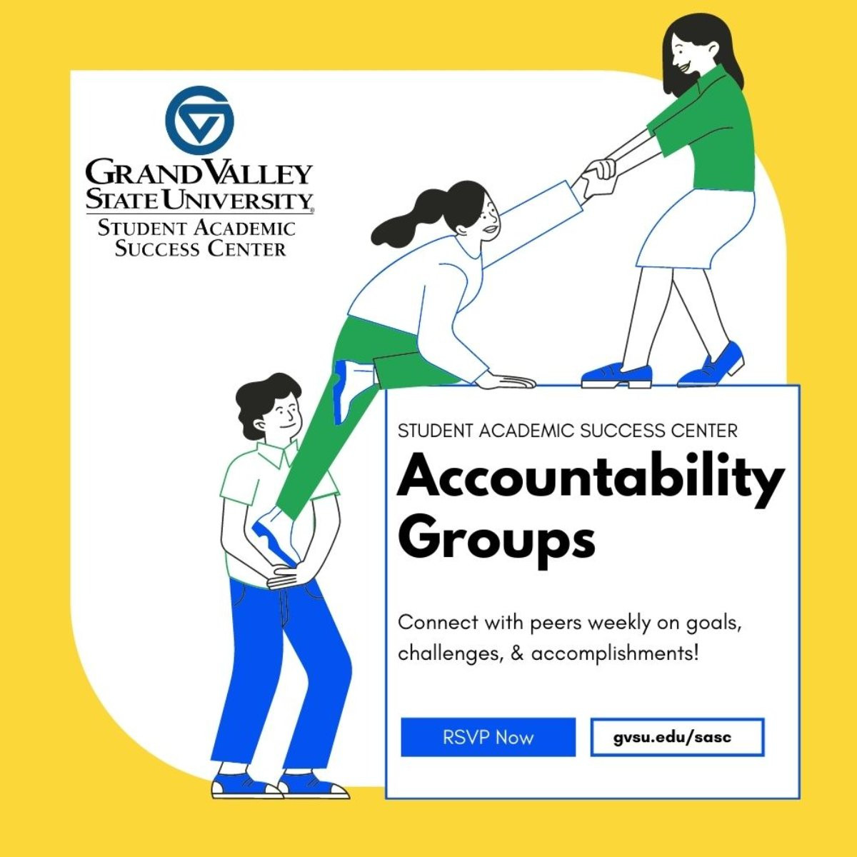people helping each other out with text that reads accountability groups connect with peers weekly on goals, challenges and accomplishments