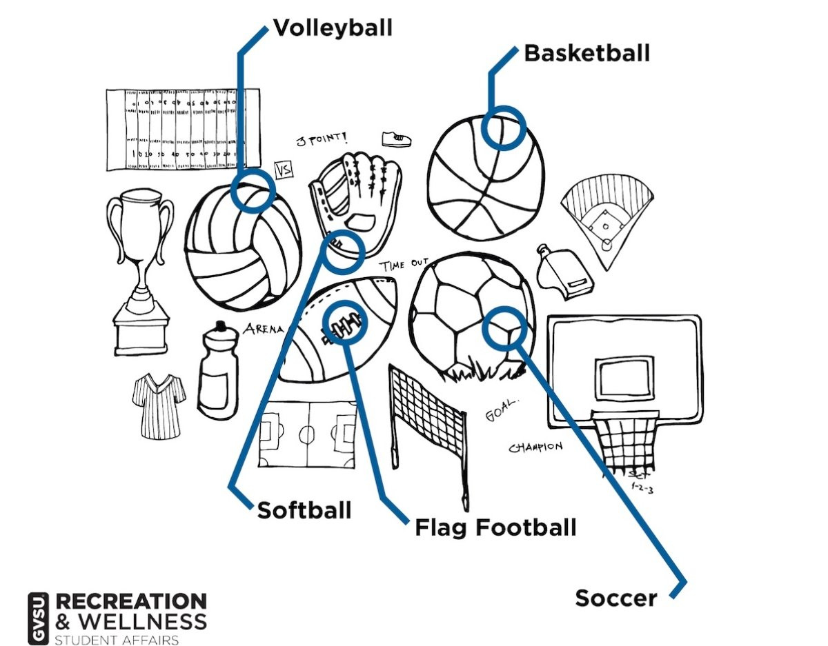 Image of different sports equipment for Intramural Sports