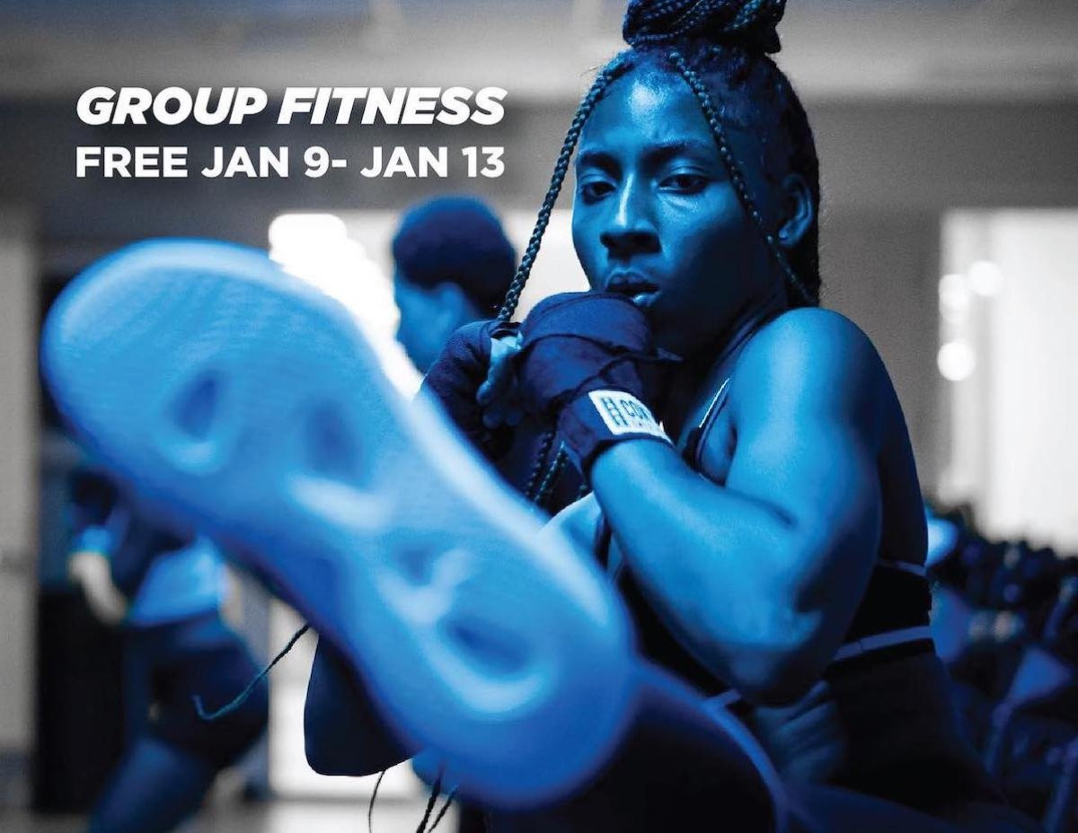 Image of girl kickboxing with text over it that reads Group Fitness FREE Jan 9 - Jan 13