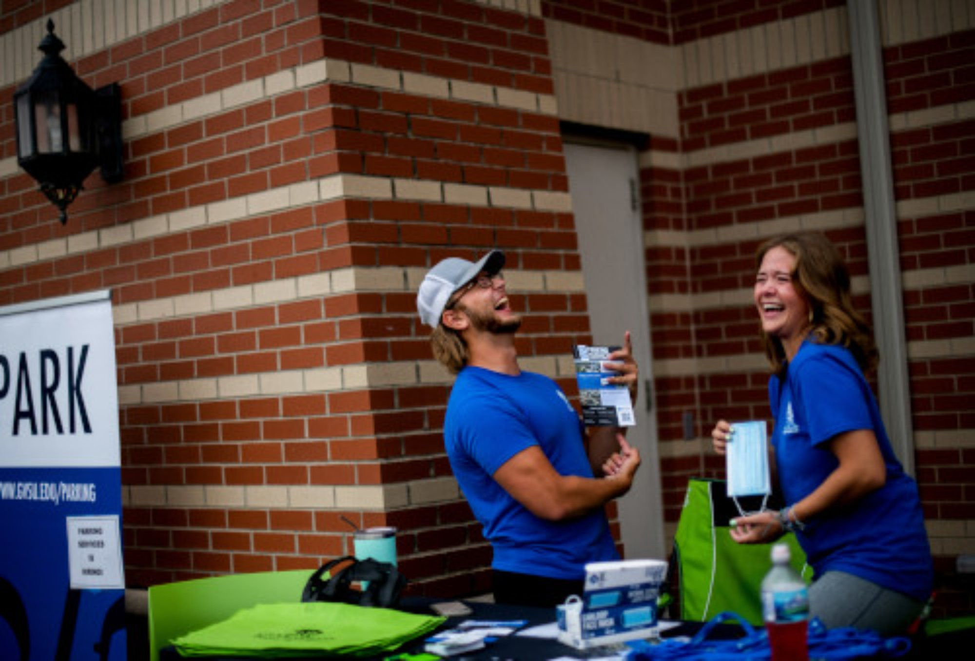 two students laughing