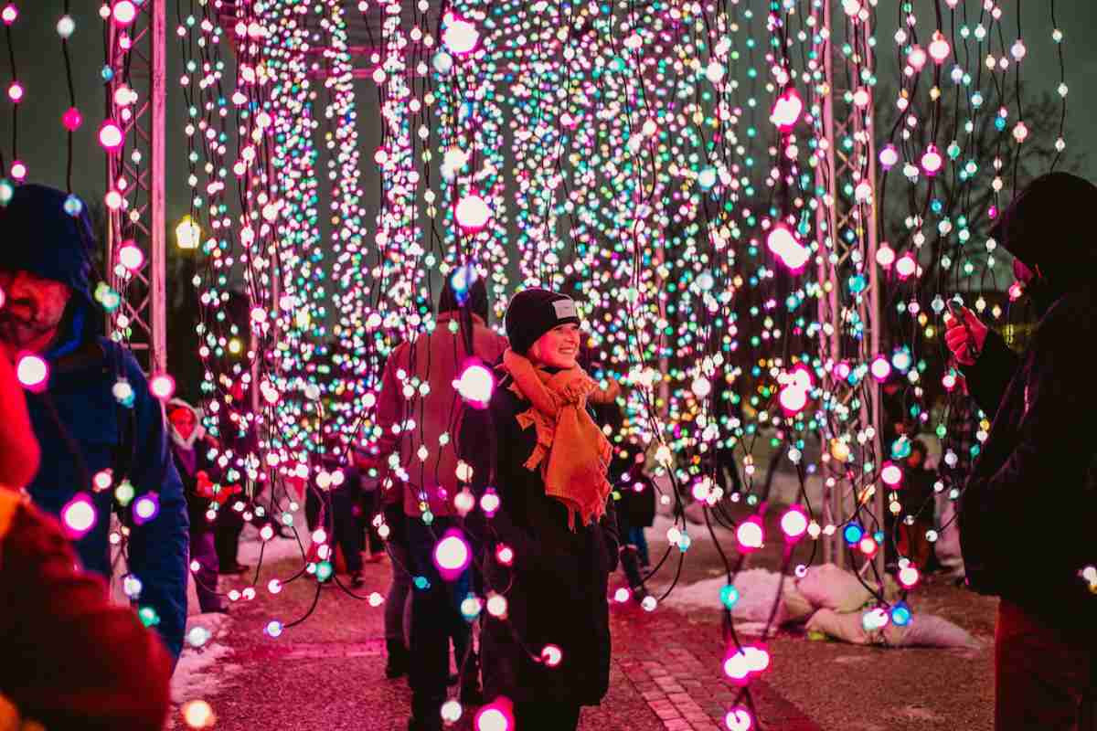 Girl smiling behind christmas lights