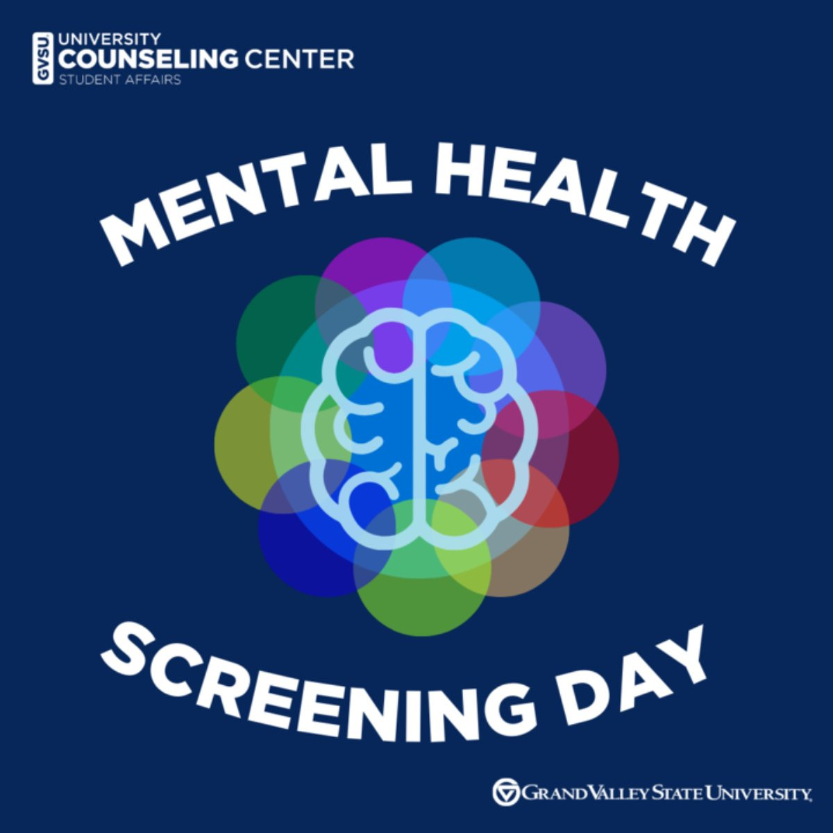 a graphic with a brain that says Mental Health Screening Day around it