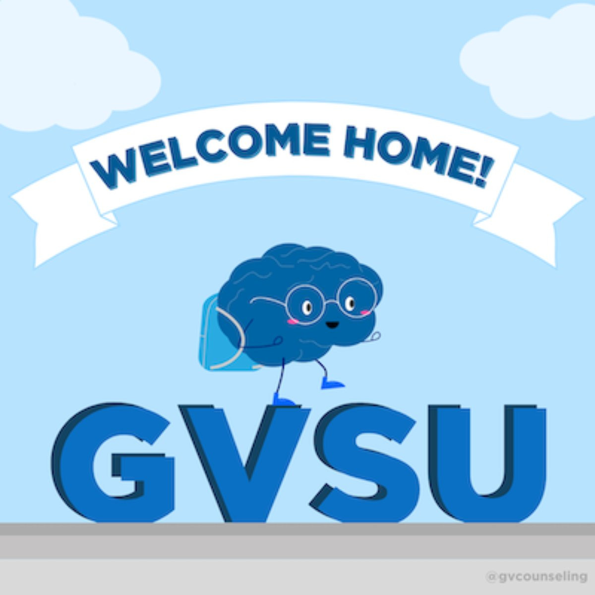a blue brain saying welcome home gvsu