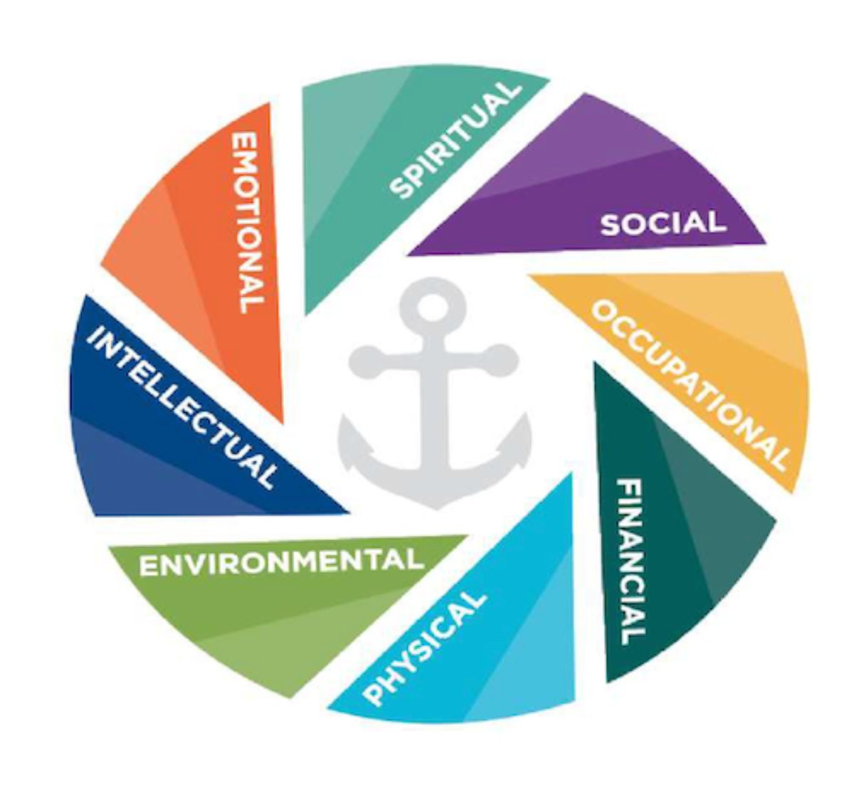 a pinwheel of the words social, occupational, financial, physical, environmental, intellectual, emotional and spiritual framing an anchor