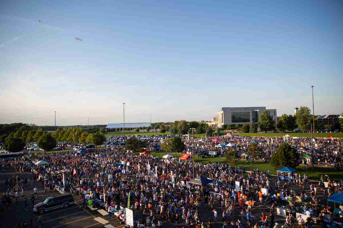 Birds eye of campus life night in 2018