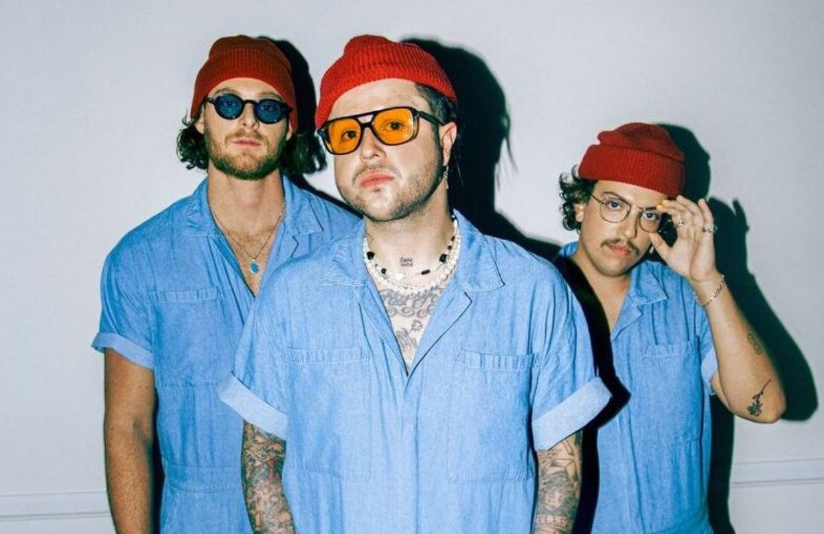 lovelytheband standing in a triangle formation in blue jumpsuits